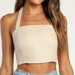 Lulus Double Digits Beige Linen Crop Top, Sz. Medium